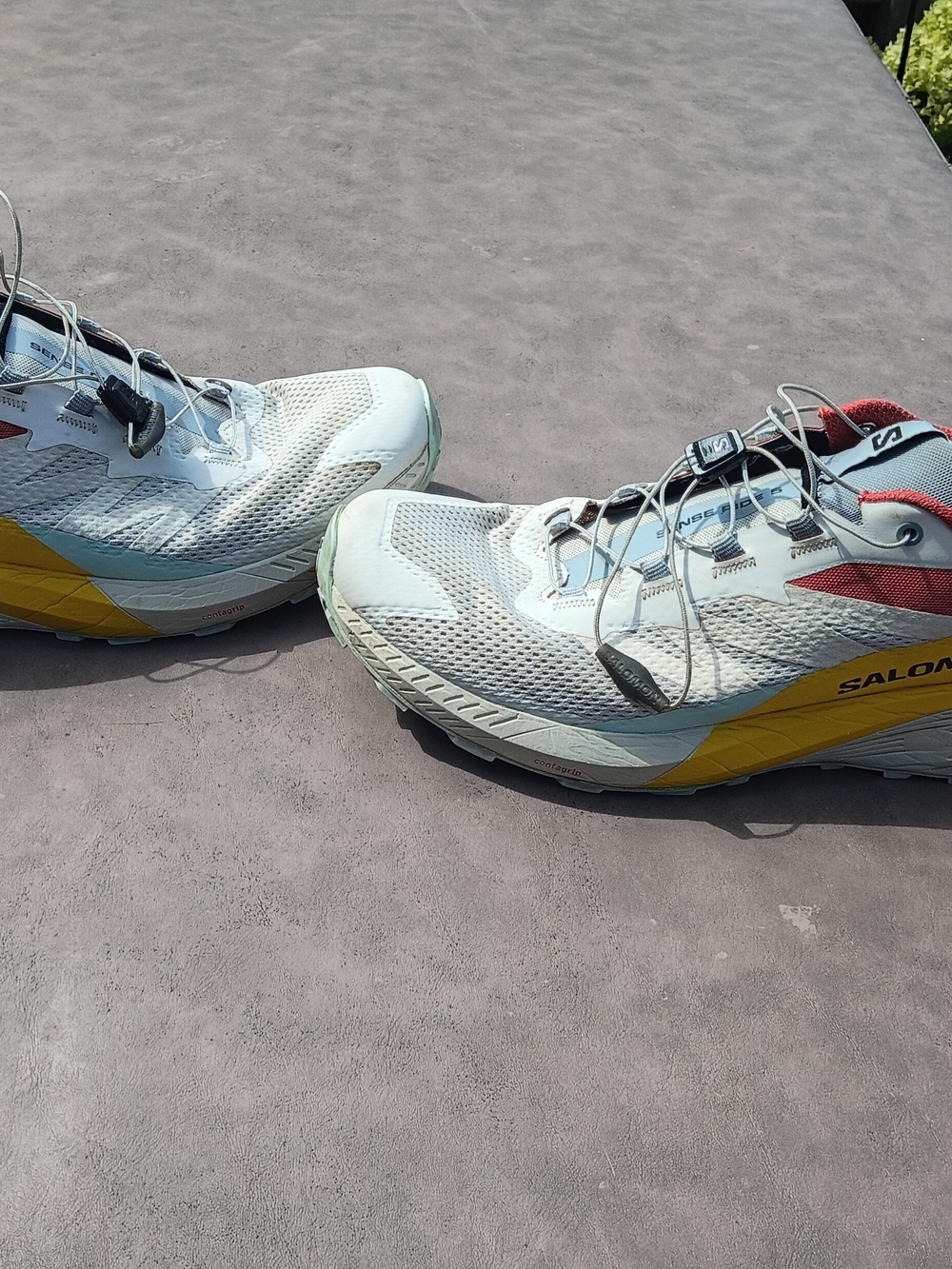 Salomon Men's Light Grey Trail Sneakers with Yellow and Red Accents
